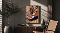 Black Woman in a Brown Crewneck poster framed above a fluted sideboard beside a potted tree