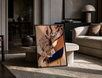 Black Woman in a Brown Crewneck print on the floor, leaning against a travertine table
