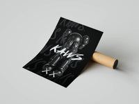 Seated KAWS Companion with crossed X eyes and KAWS typography poster displayed beside a tube