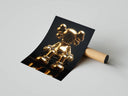 Seated KAWS gold figure with reflective metallic finish and crossed legs on dark backdrop, rolled print