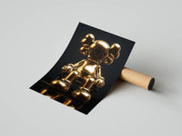 Seated KAWS gold figure with crossed legs and reflective metallic finish on dark backdrop