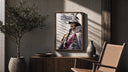 Marine fleet admiral in white uniform poster framed above a fluted sideboard beside an olive tree