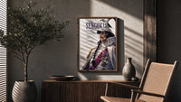 Marine fleet admiral in white uniform poster framed above a fluted sideboard beside an olive tree