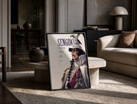 Marine fleet admiral in white uniform print in a black frame leaning on a travertine table in a sunlit lounge