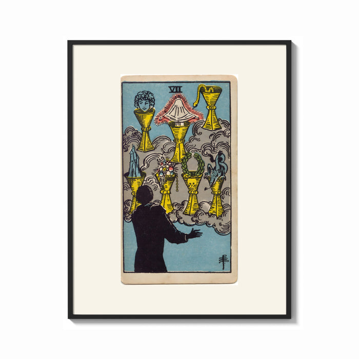 Framed Seven Cups of Wands tarot card print shown as a bold statement piece on a clean gallery wall