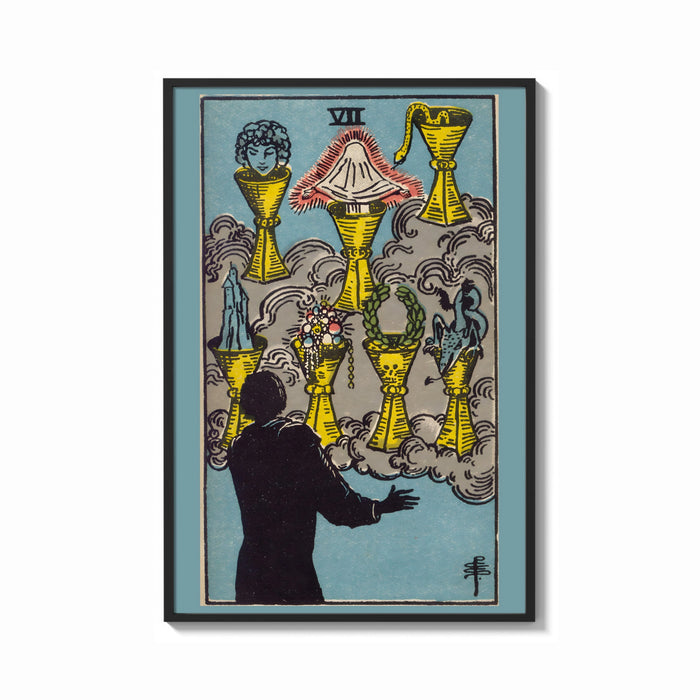 Framed Seven of Cups print shown as a bold statement piece on a clean gallery wall