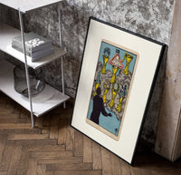 Seven Cups of Wands tarot card poster in a black frame leaning beside a shelf in a raw-plaster loft