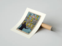 Rolled Seven Cups of Wands tarot card poster beside its crush-resistant kraft shipping tube