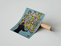 Gently curled Seven of Cups print beside its protective shipping tube