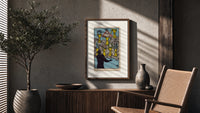 Seven Cups of Wands tarot card poster framed above a fluted sideboard beside an olive tree
