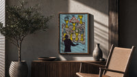 Seven of Cups poster framed above a fluted sideboard beside a potted tree