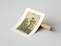 Rolled Man leaning on staff with pentacles poster beside its crush-resistant kraft shipping tube