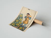 Gently curled Seven of Pentacles print beside its protective shipping tube