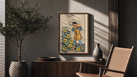 Seven of Pentacles poster framed above a fluted sideboard beside a potted tree