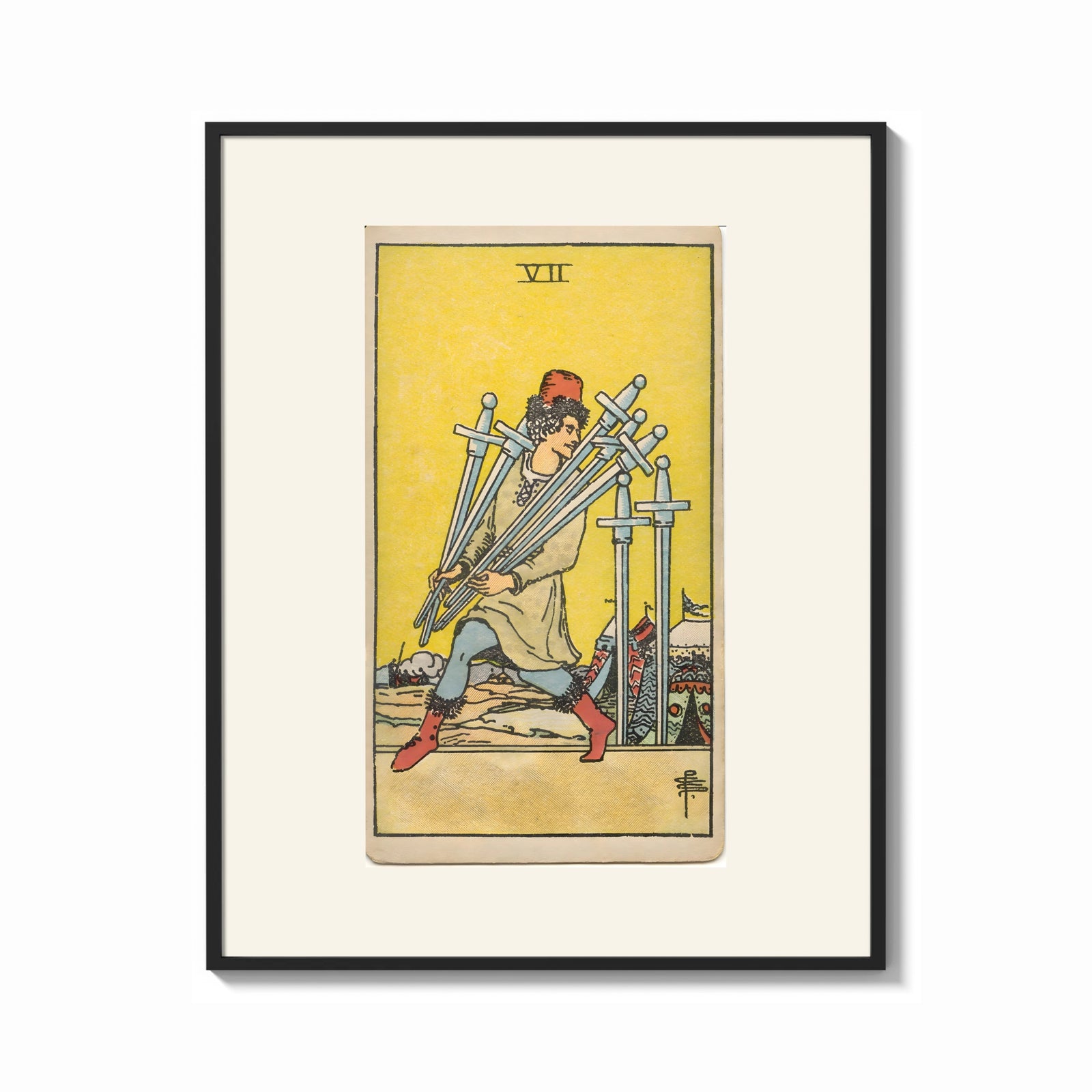 Framed Man carrying five swords print shown as a bold statement piece on a clean gallery wall