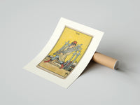 Rolled Man carrying five swords poster beside its crush-resistant kraft shipping tube