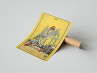 Gently curled Seven of Swords print beside its protective shipping tube