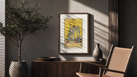 Man carrying five swords poster framed above a fluted sideboard beside an olive tree