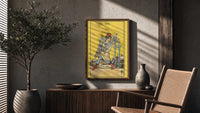 Seven of Swords poster framed above a fluted sideboard beside a potted tree