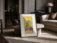 Man carrying five swords print in a black frame leaning on a travertine table in a sunlit lounge