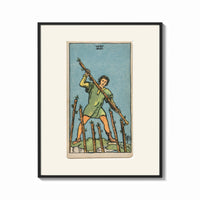 Framed Man holding staff among wands print shown as a bold statement piece on a clean gallery wall