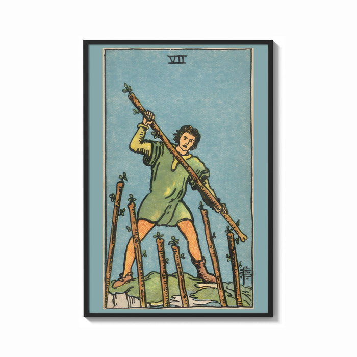 Framed Seven of Wands print shown as a bold statement piece on a clean gallery wall