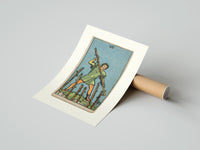 Rolled Man holding staff among wands poster beside its crush-resistant kraft shipping tube