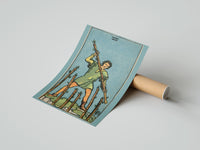 Gently curled Seven of Wands print beside its protective shipping tube