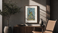 Man holding staff among wands poster framed above a fluted sideboard beside an olive tree