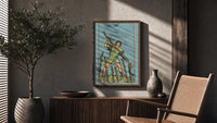 Seven of Wands poster framed above a fluted sideboard beside a potted tree