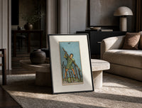 Man holding staff among wands print in a black frame leaning on a travertine table in a sunlit lounge