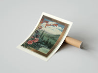 Rolled landscape view of Paris from hills poster beside its crush-resistant kraft shipping tube