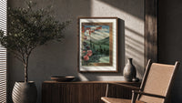 Landscape view of Paris from hills poster framed above a fluted sideboard beside an olive tree
