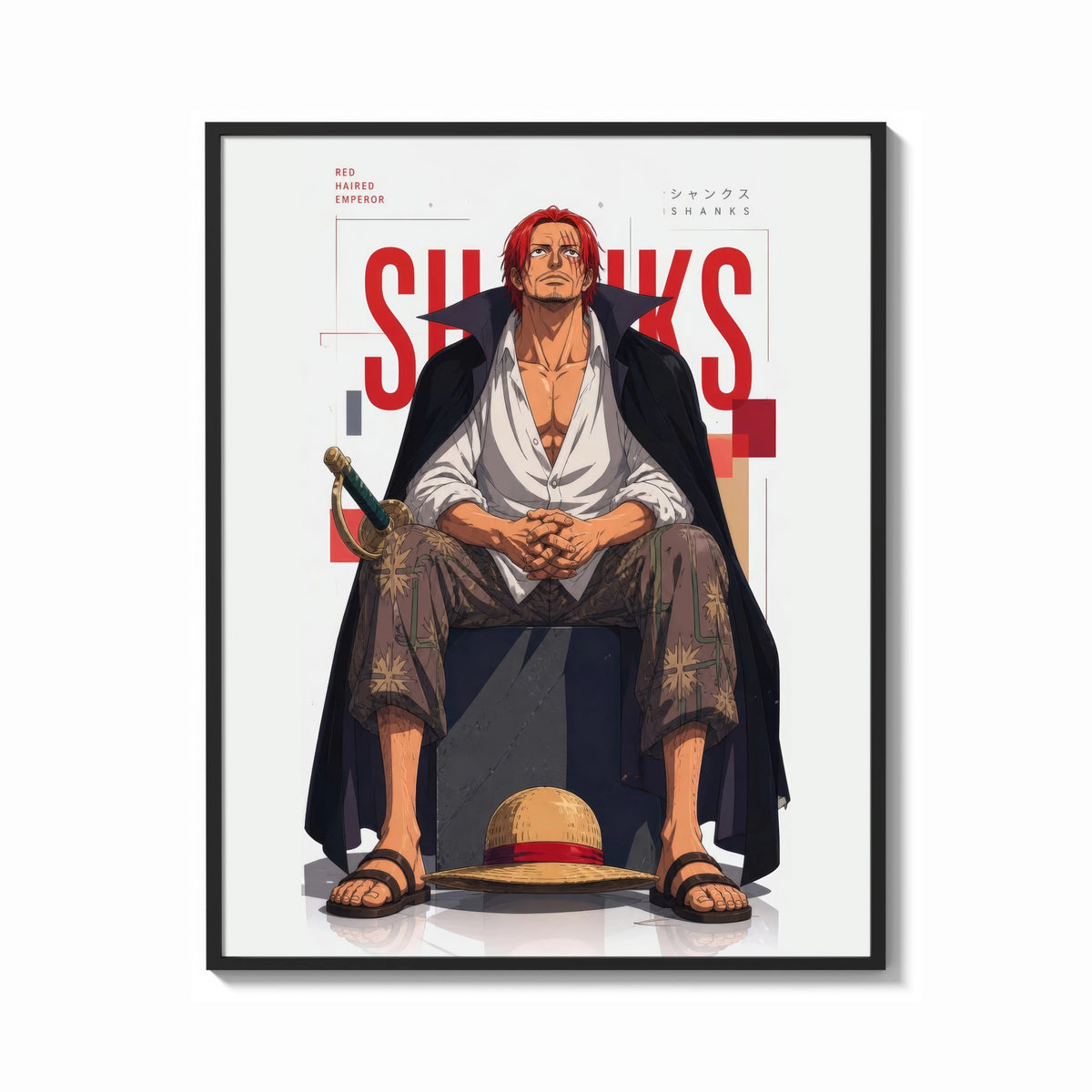 Framed Red-haired man sitting on block print shown as a bold statement piece on a clean gallery wall