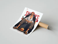 Rolled Red-haired man sitting on block poster beside its crush-resistant kraft shipping tube