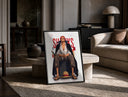 Red-haired man sitting on block print in a black frame leaning on a travertine table in a sunlit lounge