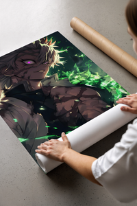 muscular anime man with purple eye print laid flat in a styling flatlay
