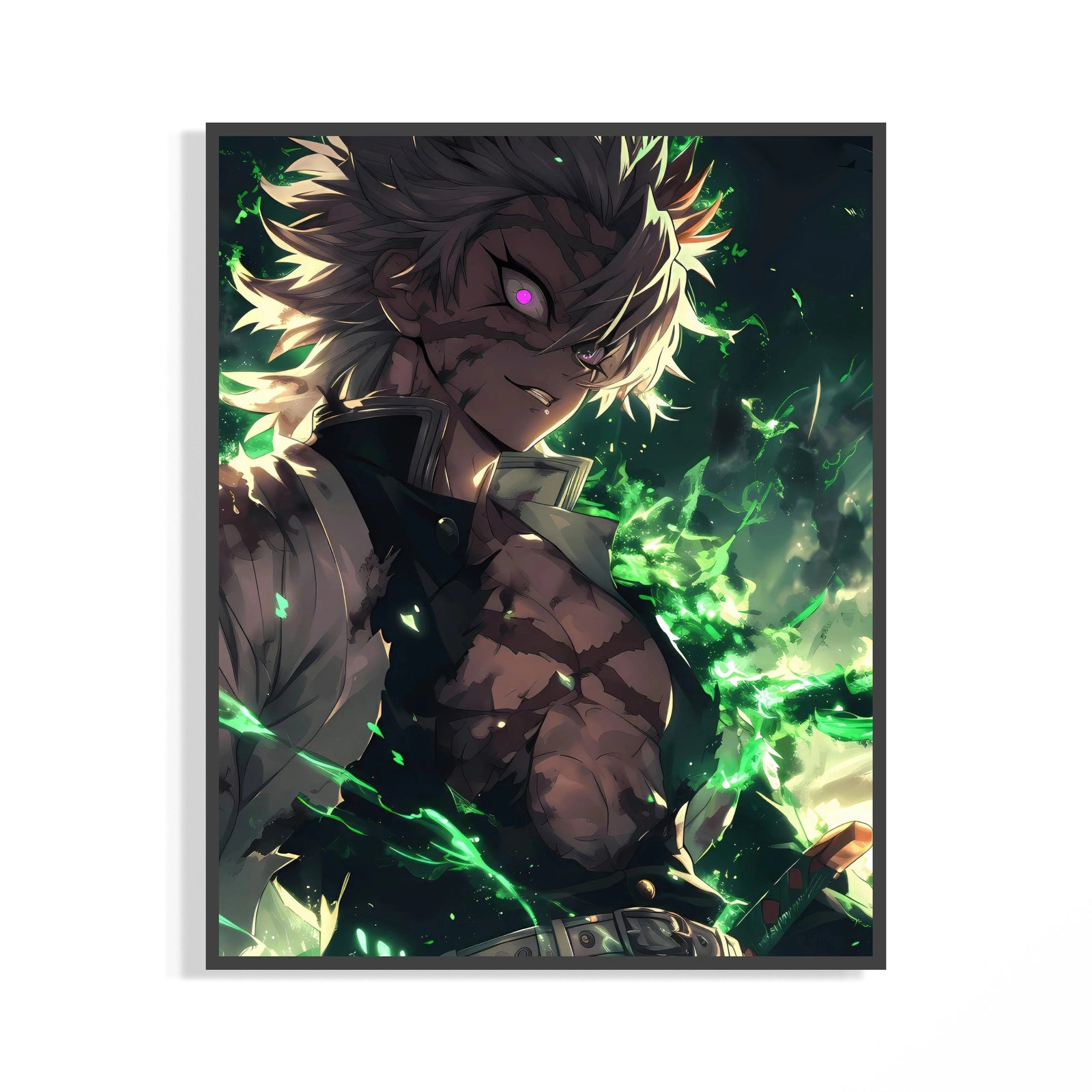 Framed muscular anime man with purple eye print displayed as a statement piece