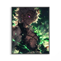 Framed muscular anime man with purple eye print displayed as a statement piece