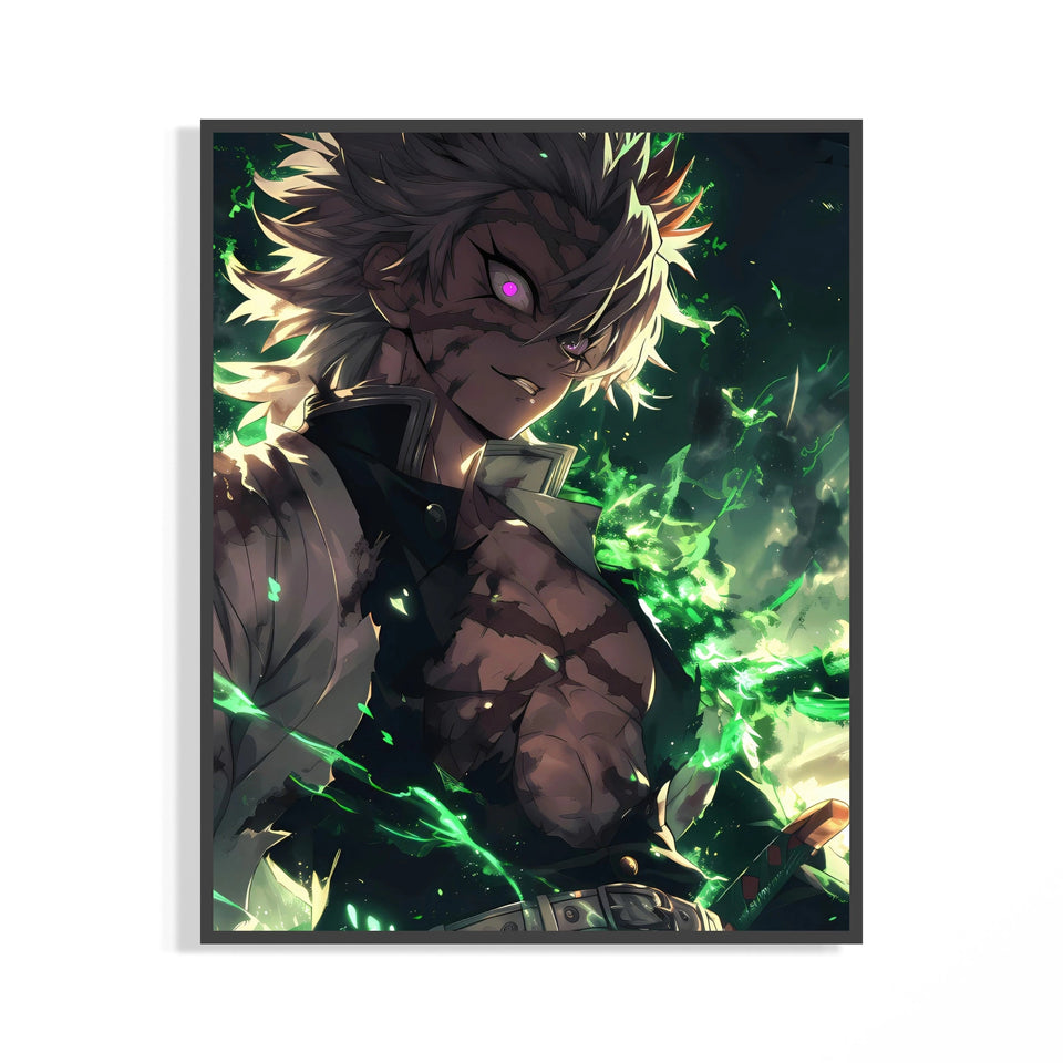 Framed muscular anime man with purple eye print displayed as a statement piece