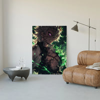 muscular anime man with purple eye poster framed in a luxury living-room setting