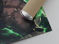 Matte paper-texture close-up of the muscular anime man with purple eye print