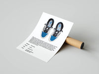 Side profile blue Travis Scott Air Jordan 1 High poster resting against a cardboard shipping tube
