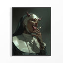 A nun with horns smoking a cigarette against a dark background