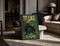 Sit Like a Lady print on the floor, leaning against a travertine table