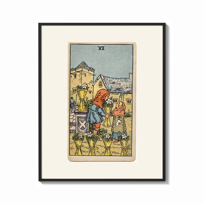 Framed Two children exchanging cups of flowers print shown as a bold statement piece on a clean gallery wall
