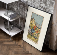 Two children exchanging cups of flowers poster in a black frame leaning beside a shelf in a raw-plaster loft