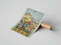 Gently curled Six of Cups print beside its protective shipping tube