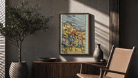 Six of Cups poster framed above a fluted sideboard beside a potted tree