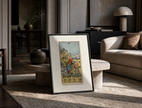 Two children exchanging cups of flowers print in a black frame leaning on a travertine table in a sunlit lounge